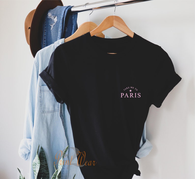 Take me to Paris - T Shirt / Pocket logo / French inspired Tee top / Fashion T-shirt / 100% soft Cotton / Unisex fit / holiday tshirt Black with pink