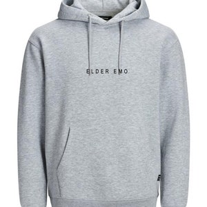 Elder Emo Hoodie / minimalist Design Sweatshirt / retired emo shirt / Unisex Trending Retro Jumper Grey with black