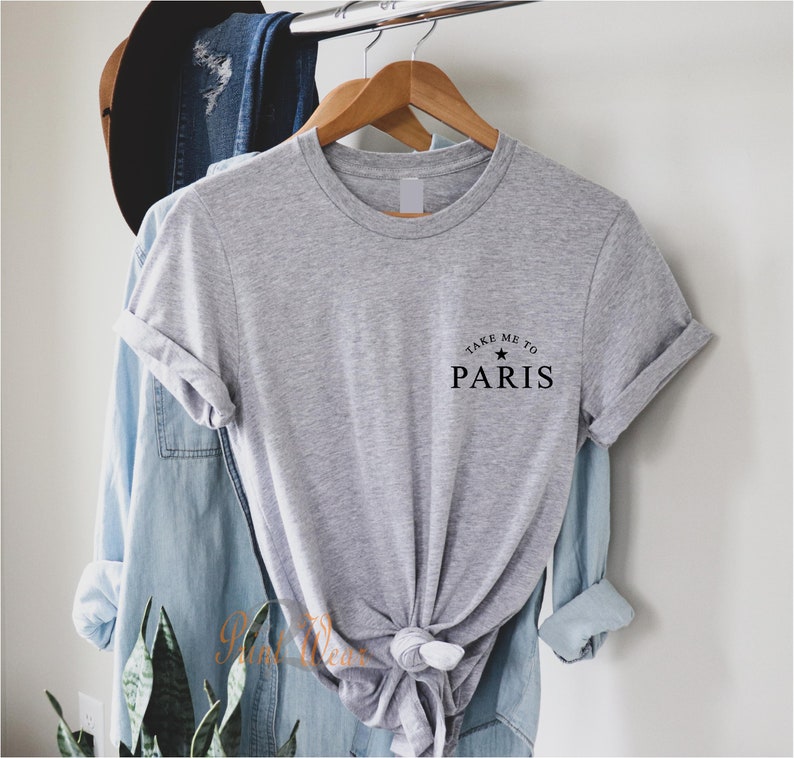 Take me to Paris - T Shirt / Pocket logo / French inspired Tee top / Fashion T-shirt / 100% soft Cotton / Unisex fit / holiday tshirt Grey with black