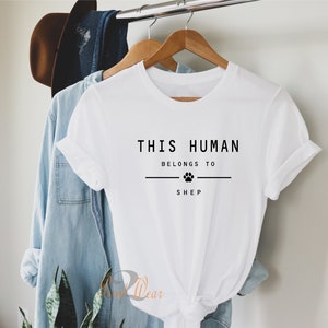 This Human Belongs to - Personalised dog T-Shirt - Dog owners Gift - Cat lover - pet owners T shirt - customised Add pet Names White with black