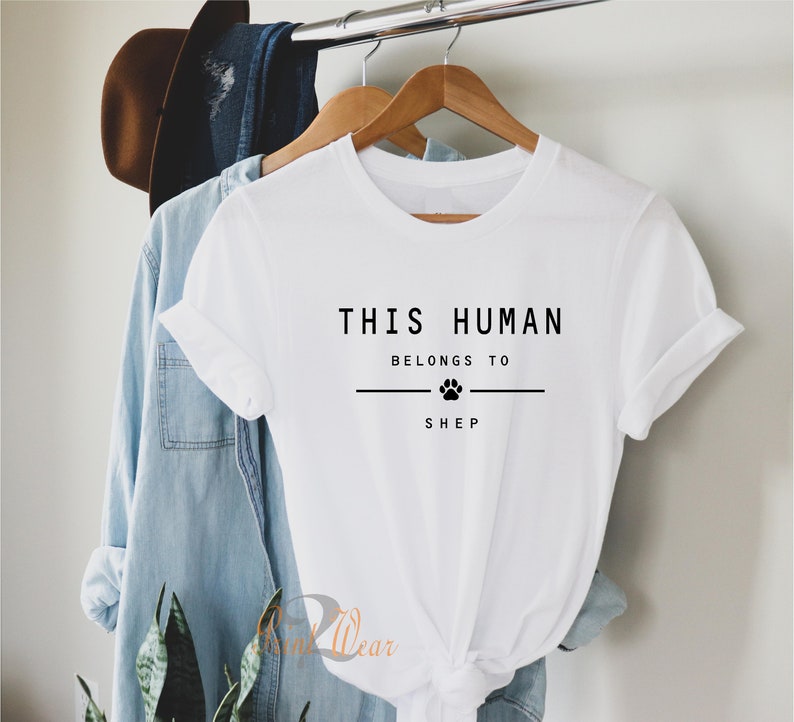 This Human Belongs to - Personalised dog T-Shirt - Dog owners Gift - Cat lover - pet owners T shirt - customised Add pet Names White with black