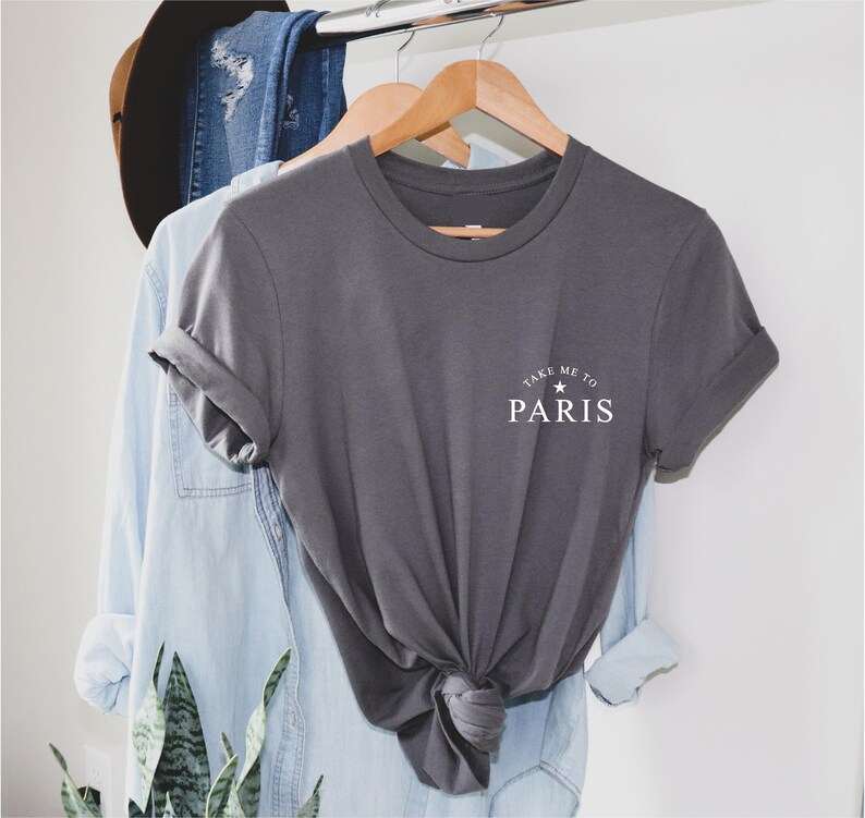 Take me to Paris - T Shirt / Pocket logo / French inspired Tee top / Fashion T-shirt / 100% soft Cotton / Unisex fit / holiday tshirt Dark grey