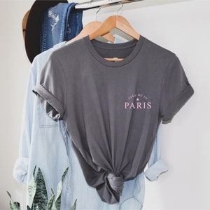 Take me to Paris - T Shirt / Pocket logo / French inspired Tee top / Fashion T-shirt / 100% soft Cotton / Unisex fit / holiday tshirt Dark grey with pink