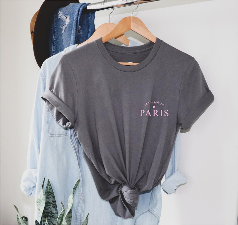 Take me to Paris - T Shirt / Pocket logo / French inspired Tee top / Fashion T-shirt / 100% soft Cotton / Unisex fit / holiday tshirt Dark grey with pink