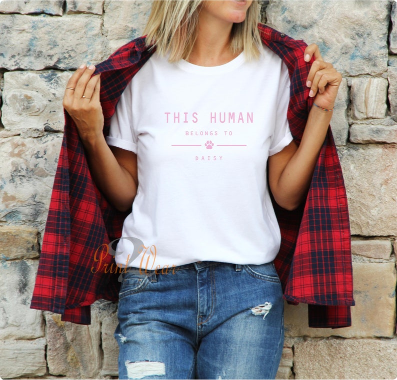 This Human Belongs to - Personalised dog T-Shirt - Dog owners Gift - Cat lover - pet owners T shirt - customised Add pet Names White with pink