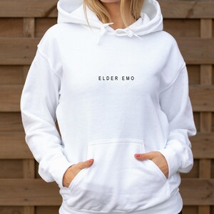 Elder Emo Hoodie / minimalist Design Sweatshirt / retired emo shirt / Unisex Trending Retro Jumper White with black