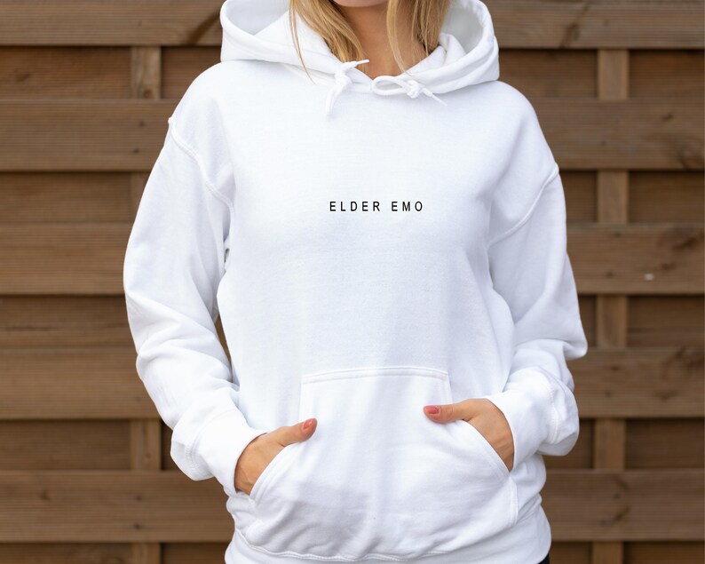 Elder Emo Hoodie / minimalist Design Sweatshirt / retired emo shirt / Unisex Trending Retro Jumper White with black