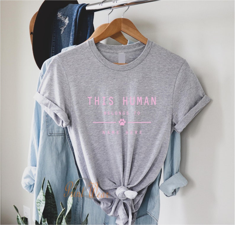 This Human Belongs to - Personalised dog T-Shirt - Dog owners Gift - Cat lover - pet owners T shirt - customised Add pet Names Grey with pink
