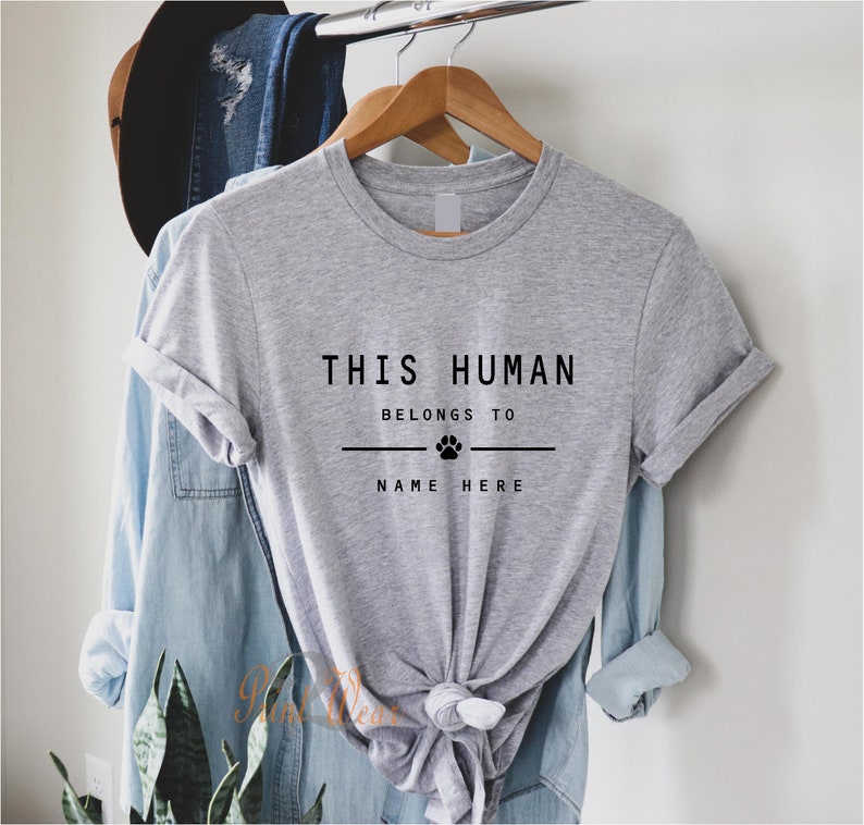 This Human Belongs to - Personalised dog T-Shirt - Dog owners Gift - Cat lover - pet owners T shirt - customised Add pet Names Grey with black