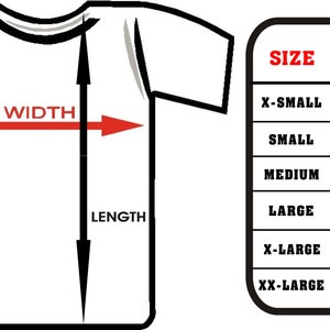 May include: A size chart for a t-shirt with measurements in inches for chest size and length. The chart shows sizes from X-Small to XX-Large.