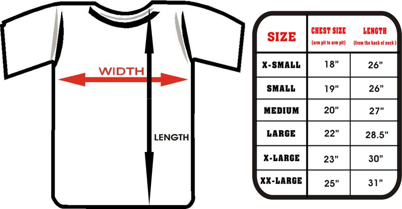 May include: A size chart for a t-shirt with measurements in inches for chest size and length. The chart shows sizes from X-Small to XX-Large.