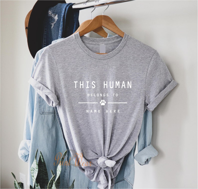 This Human Belongs to - Personalised dog T-Shirt - Dog owners Gift - Cat lover - pet owners T shirt - customised Add pet Names Grey with white