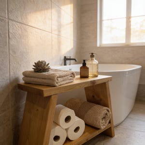 May include: A wooden bench with two shelves holding a folded beige towel, a small succulent plant, two white toilet paper rolls, and a rolled beige towel. Next to the folded towel are two amber-coloured glass bottles with black pump dispensers.
