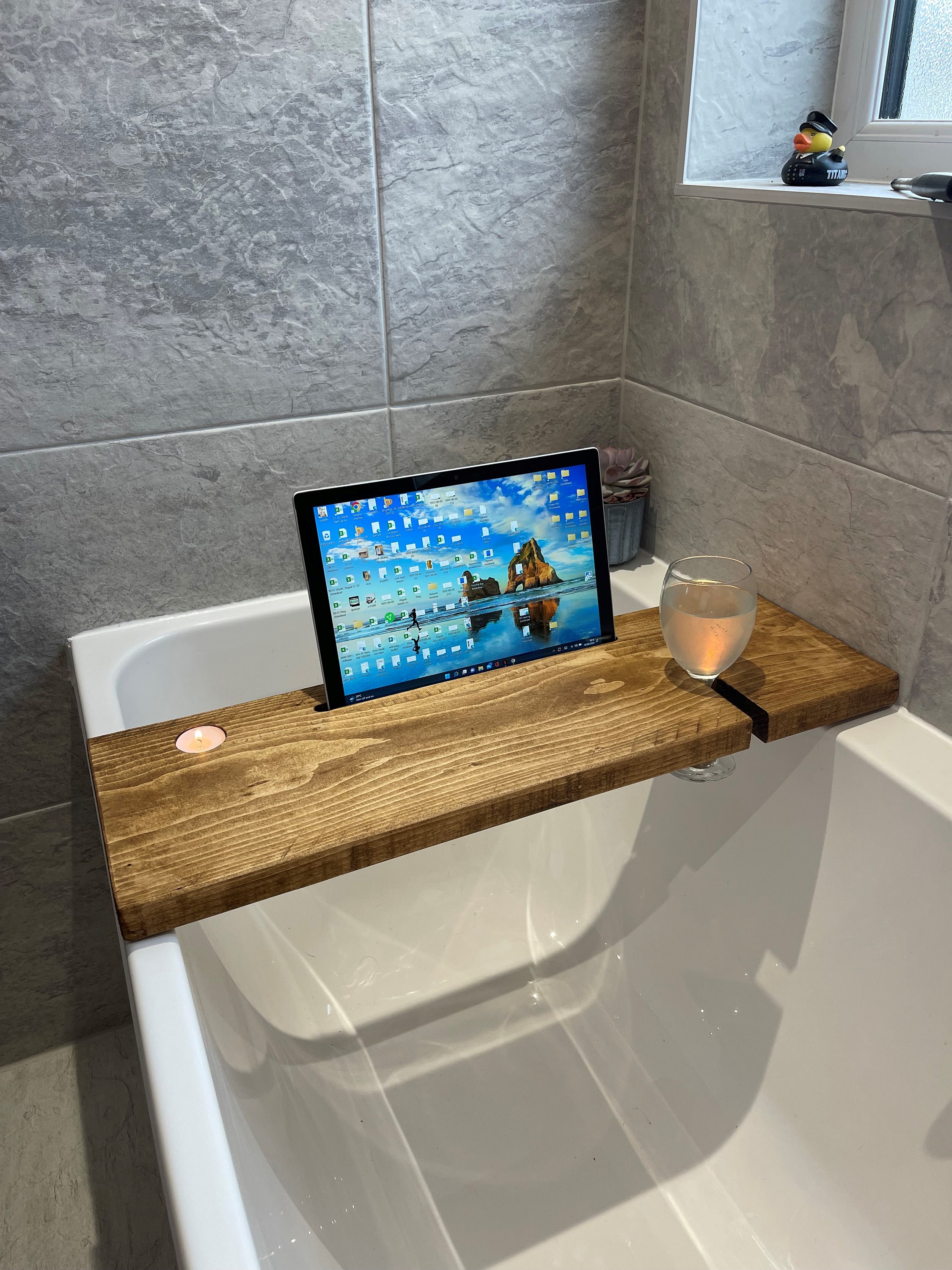 Bath Caddy Bath Board Tray Wooden Shelf Wine Tablet Holder Bathtub Rustic