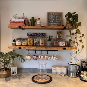 Puede incluir: Una estanter&iacute;a de madera con dos estantes y una barra de metal debajo. Los estantes est&aacute;n llenos de varios art&iacute;culos, incluyendo frascos de comida, libros y un peque&ntilde;o cactus. Tambi&eacute;n hay un letrero que dice "Golly Gosh!" colgado en el estante superior. La estanter&iacute;a est&aacute; montada en una pared blanca.