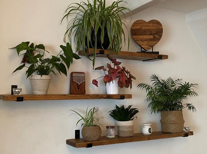 a set of wooden shelves displaying a variety of potted plants, decorative items, and a heart-shaped wooden object.