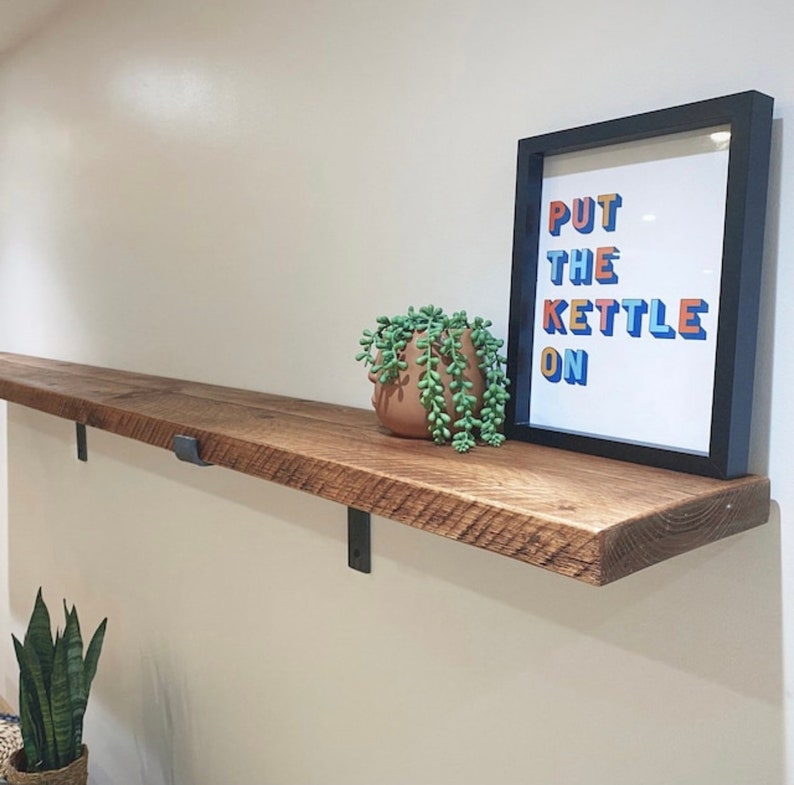 15cm rustic Solid Wood shelf hand crafted from solid timber with industrial steel metal brackets 3cm thickness, Shelve image 3