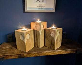 Owl candle holder. Handmade French Oak Owl Candle Holder - Solid FSC Reclaimed Wood - Quirky Gift