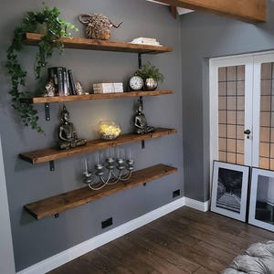 Estante rústico de madera maciza completo con soportes, hermosa estantería, estantería, estante de cocina