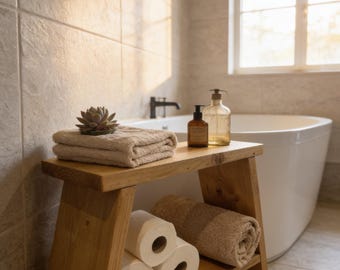 Handmade Wooden Milking Stool, Side Table, Rustic Bathroom Storage Shelf