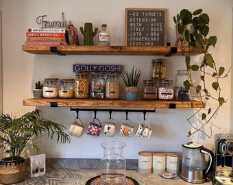 Rustic Style Solid Wood Shelf with Raw Steel Brackets | Handmade | 22cm x 3cm, Bookshelf, Shelve