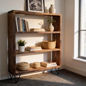 Rustic Reclaimed Wood Bookcase with Hairpin Legs - Solid Wood Shelves