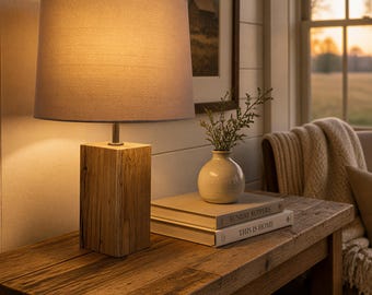 Patterdale French Oak Handmade Table Lamp - Rustic Farmhouse Style Light Fixture with Unique Grain and Custom Height Options
