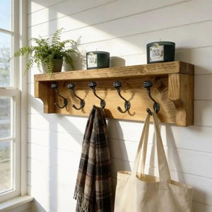 Rustic Coat Rack Country Style. Handmade Vintage with Cast Iron Ceramic Shell Tip Hooks