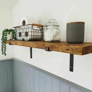 15cm rustic Solid Wood shelf hand crafted from solid timber with industrial steel metal brackets 3cm thickness, Shelve image 8