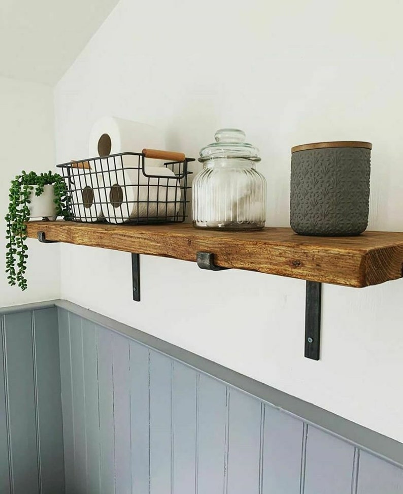 15cm rustic Solid Wood shelf hand crafted from solid timber with industrial steel metal brackets 3cm thickness, Shelve image 8