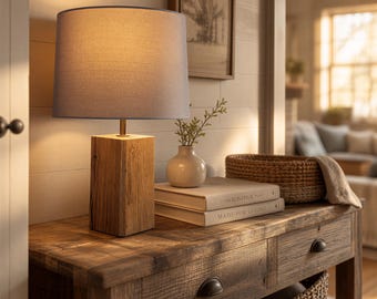 Patterdale French Oak Handmade Table Lamp - Rustic Farmhouse Style Light Fixture with Unique Grain and Custom Height Options