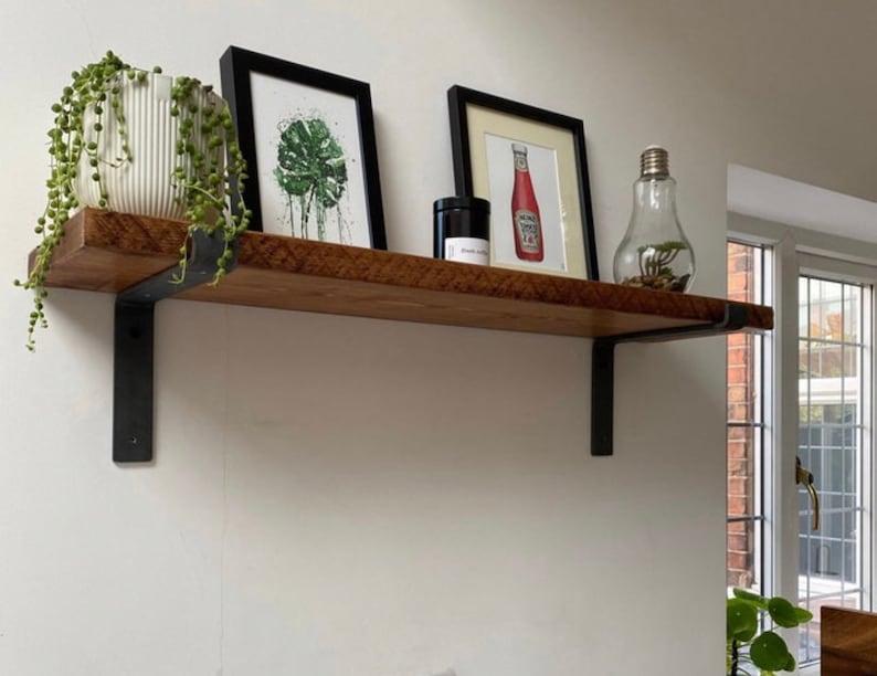 15cm rustic Solid Wood shelf hand crafted from solid timber with industrial steel metal brackets 3cm thickness, Shelve image 4