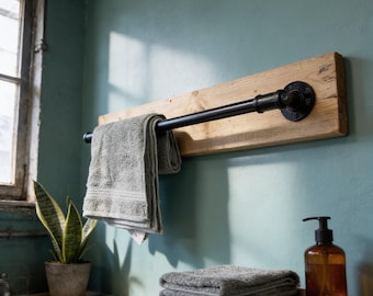 Industrial Style Towel Rail mounted on solid wood with Industrial fittings, Vintage Rustic Bathroom Kitchen Accessory in Black or Grey.