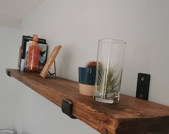 15cm rustic Solid Wood shelf hand crafted from solid timber with industrial steel metal brackets 3cm thickness, Shelve