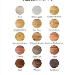 May include: A color chart showing different wood stain colors for Urban Reclamation wax. The colors include Plain, Whitewash, Antique Brown, Stripped Pine, Old Pine, Rustic Pine, Forrest Brown, Rugger Brown, Antique Mahogany, Cherry, Dark Oak, Tudor, Teak, Walnut, and Jacobean.