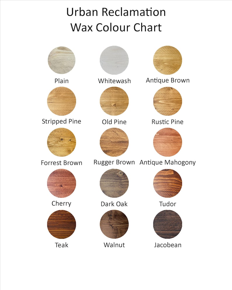The image is a color chart that displays various types of wood finishes, including plain, whitewash, antique brown, stripped pine, old pine, rustic pine, forrest brown, rugger brown, antique mahogany, cherry, dark oak, tudor, cherry, dark oak, tudor, walnut, and jacobean.