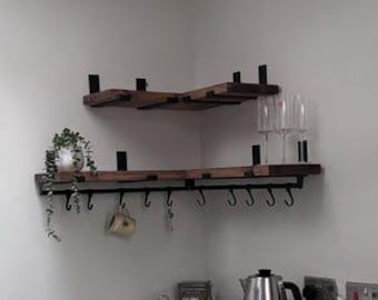 Corner Shelf: Chunky Solid Wood - Rustic Style with Steel Brackets