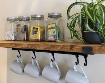 Rustic Kitchen Shelf/shelves complete with brackets and black/silver rail for mug/cups, Shelve