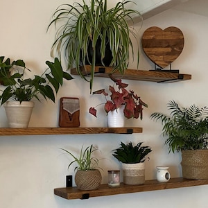 a set of wooden shelves displaying a variety of potted plants, decorative items, and a heart-shaped wooden object.