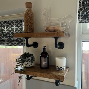 Rustic Solid Wood shelf - Rustic Shelves - With Black Pipe Brackets - Bookshelf, Shelve