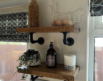 Rustic Solid Wood shelf - Rustic Shelves - With Black Pipe Brackets - Bookshelf, Shelve