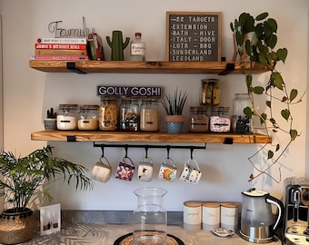 Rustic Style Solid Wood Shelf with Raw Steel Brackets | Handmade | 22cm x 3cm, Bookshelf, Shelve