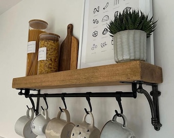 Rustic Shelf (15cm deep) complete with Albion Style Black brackets and black mug or cup rail