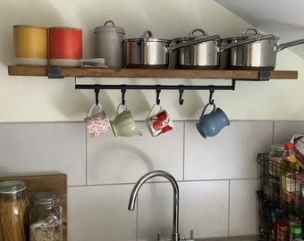 Wooden Kitchen Shelf complete with brackets and black rail for mug/cups, Bookshelf, Shelve