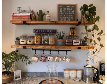 Stunning PAIR of Rustic Shelves made from Solid Wood Includes Brackets and hanging cup rail, Shelve