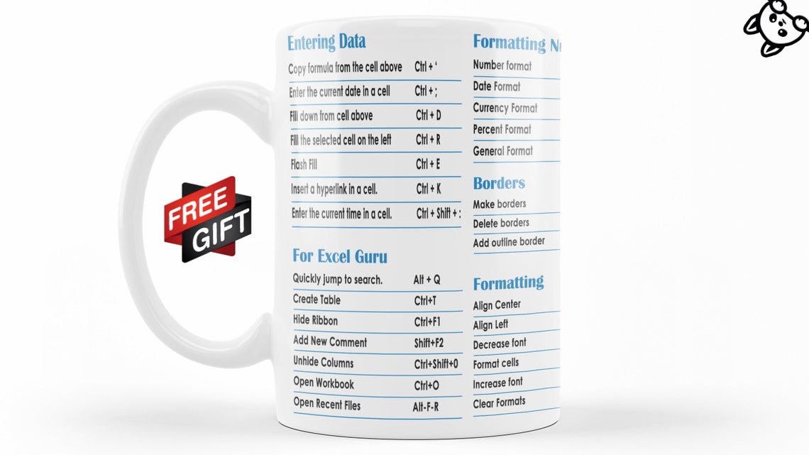 Excel Shortcuts Cheat Sheet Mug , Cup Microsoft Excel Gift Cup Mug ...