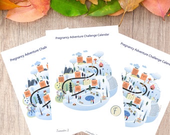 Könnte beinhalten: Drei druckbare Schwangerschafts-Abenteuer-Challenge-Kalender mit einem fantasievollen Winterwunderland-Design. Jeder Kalender zeigt ein anderes Trimester mit wöchentlichen Herausforderungen und Aktivitäten.