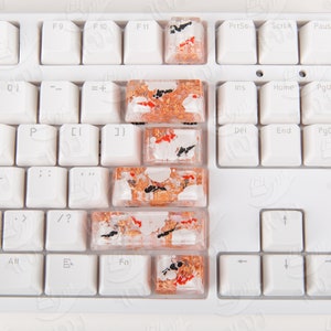 6pcs A set Rose Gold Foil koi lotus lake Artist Fish Keycaps Key cap ESC Backspace Enter Shift End Ctrl