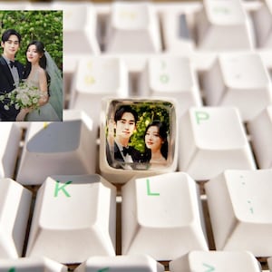 Può includere: Un copritasto in resina trasparente con una foto di una coppia in un contesto di matrimonio. Il copritasto è bianco e ha un bordo nero. La foto mostra un uomo e una donna in abiti formali, in piedi davanti a uno sfondo verde.