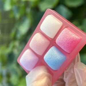 May include: A pink plastic tray with six square compartments filled with colorful, textured, candy-like items. The items are white, pink, and blue.
